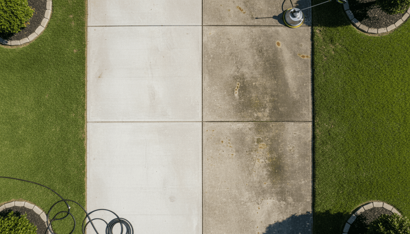 Split-screen overhead view of driveway showing cleaned light gray concrete on left side versus weathered stained surface on right side
