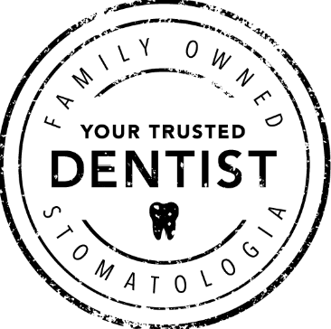 Circular stamp reading "Family Owned Your Trusted Dentist Stomatologia" with a small tooth icon.