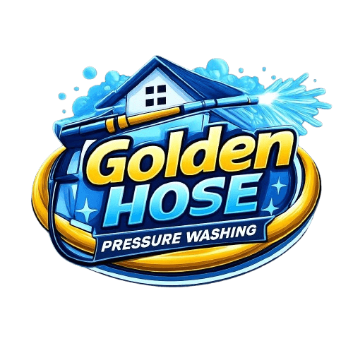 Golden Hose Pressure Washing logo featuring a house icon, spraying wand, and blue water splashes.
