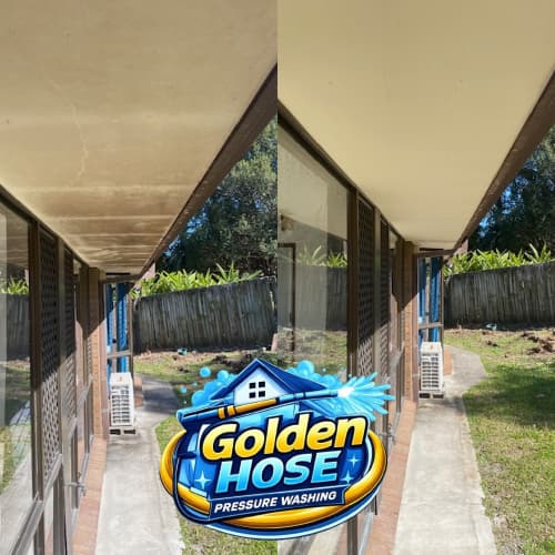 Before and after comparison of a dirty exterior soffit cleaned by professional pressure washing.
