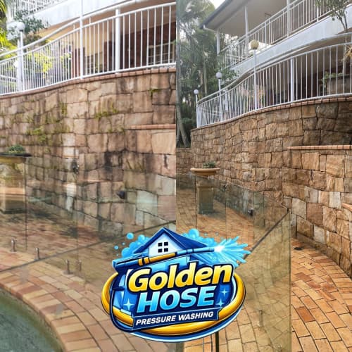 Before and after side-by-side comparison of a dirty stone wall and patio pressure washed clean.