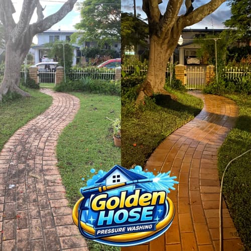 Before and after comparison of a dirty brick walkway transformed by professional pressure washing.