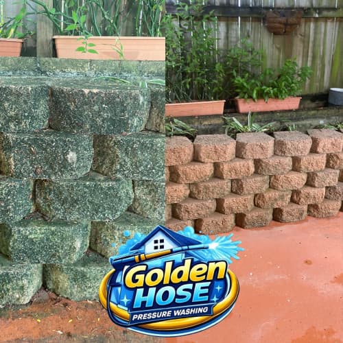 Before and after comparison of a mossy retaining wall transformed into clean reddish-brown stone.