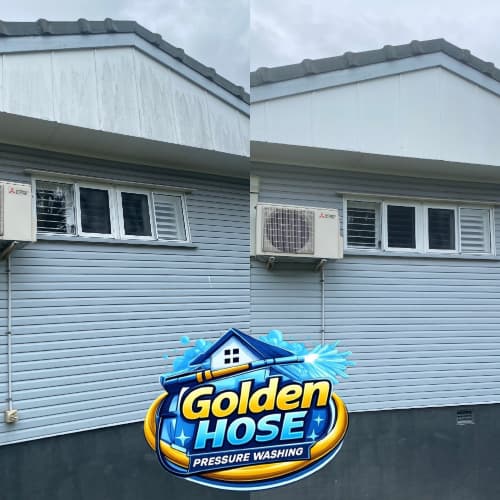 Before and after comparison showing a dirty house exterior cleaned by Golden Hose Pressure Washing.