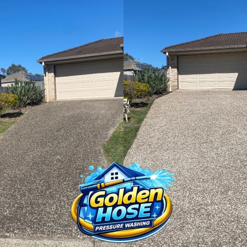 Before and after comparison of a stained aggregate driveway transformed by professional pressure washing.